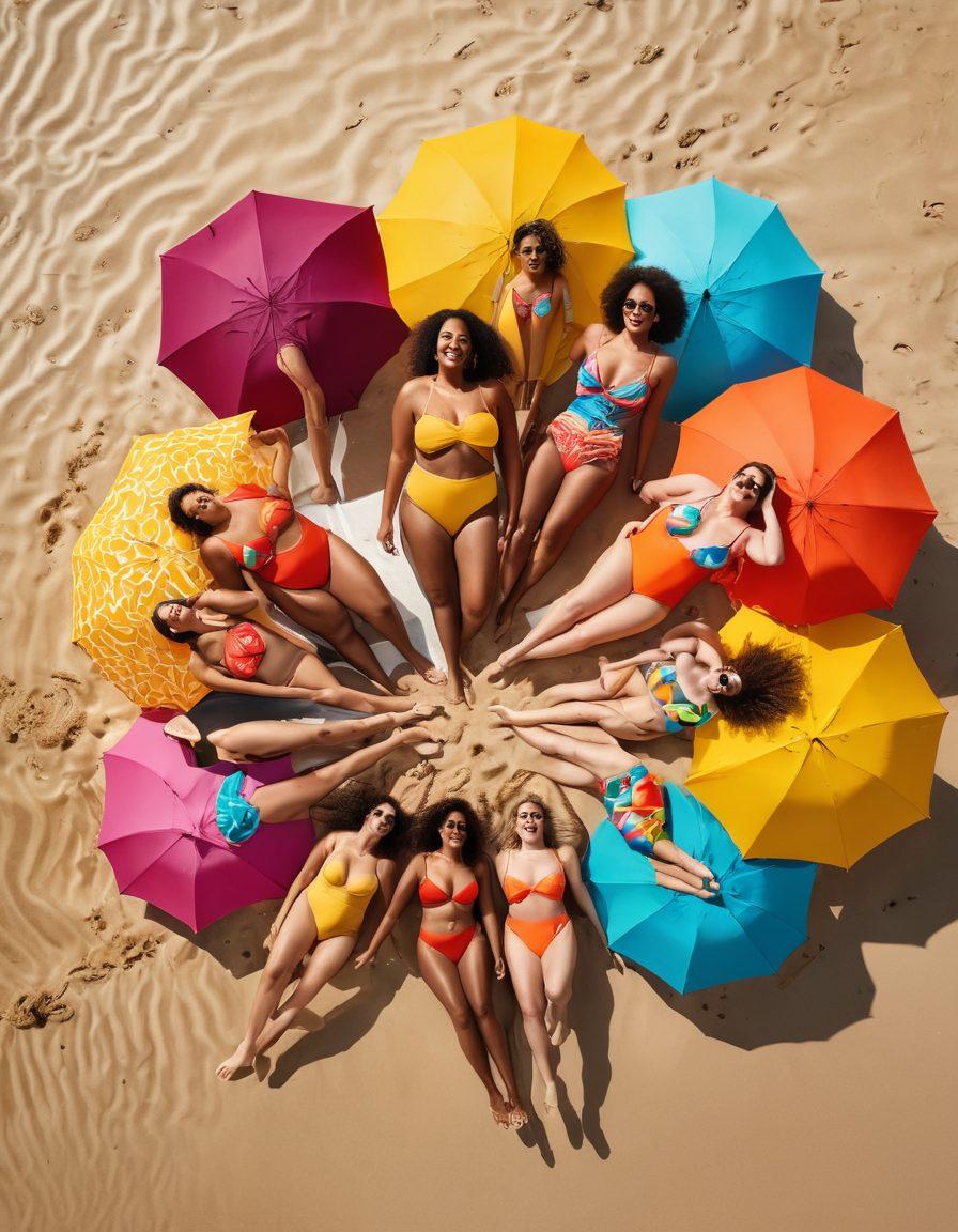 A vibrant beach scene featuring diverse women of different body types confidently wearing a variety of swimwear styles, from colorful bikinis to minimalistic designs. The setting includes bright umbrellas, soft sand, and gentle waves, capturing a fun summer vibe. Emphasize body positivity and celebrate the beauty of diversity in fashion. joyful atmosphere. bright colors. illustrative style.